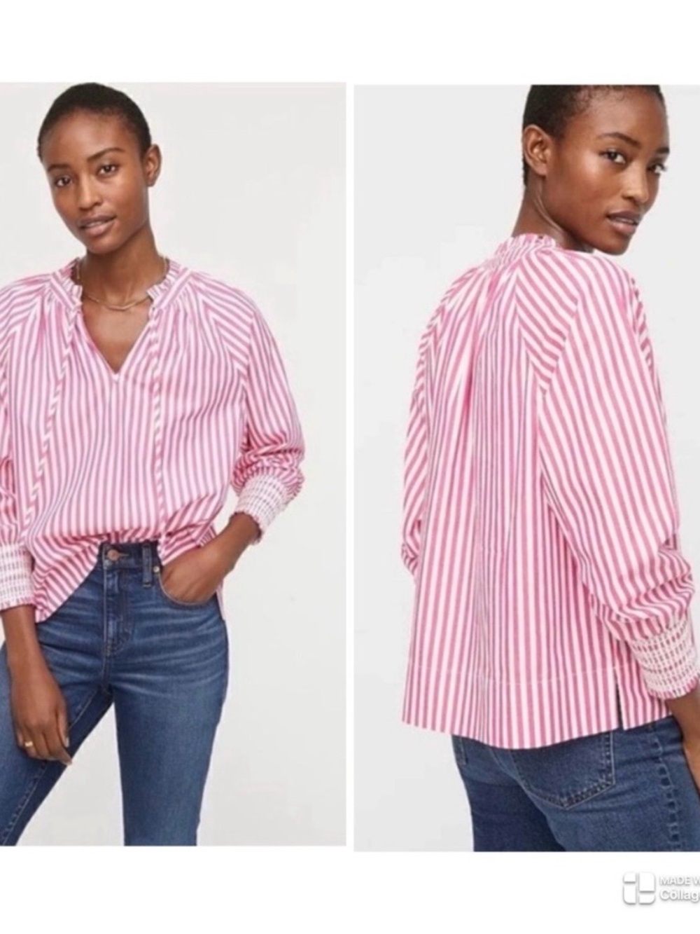 J. Crew Smocked cuff Stripped Popover Top pink size large